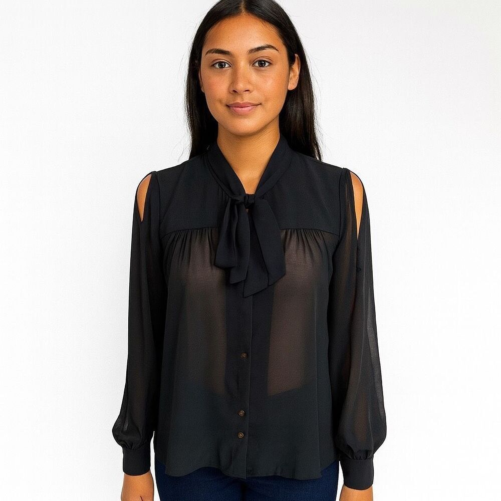 Forever 21 Solid Black Long Sleeve Button Down Tie Front Open Sleeve Blouse M
